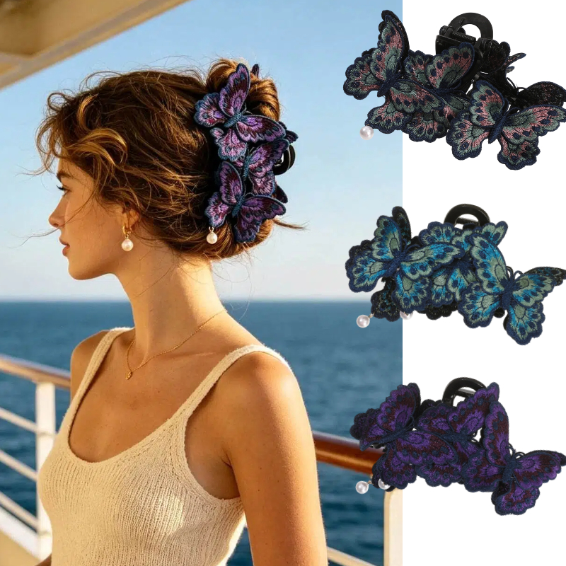 Vintage Teal Butterfly Embroidered Hair Claw Clip, Elegant Accessory